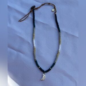 Handmade Moon necklace with silver accents, a mix of silver and green beads